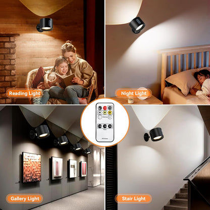 LED Wall Sconce 2pack,Double Side Light Battery Operated Wall lamp,Wall Mounted Lamp 3 Color Temperatures 3 Brightness Levels,360° Rotating Night Light for Bedroom (Black)