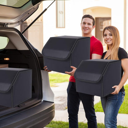 Car Trunk Organizer Multipurpose Leather Cargo Storage Box for Sedan SUV RV, Durable Collapsible Adjustable Auto Compartments Trunk Organiser (Black Solid-Small-Set of 2Pcs)
