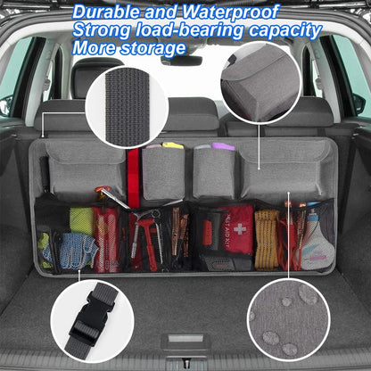 TSUGAMI Car Trunk Organizer, Super Capacity Collapsible Backseat Hanging Bag with Multiple Storage Pockets, Foldable Automotive Space Saving Accessories, Universal for Truck, SUV, RV (Gray)