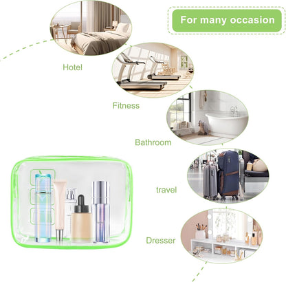 JUNART 3Pcs Clear Travel Toiletry Bags, TSA Approved Cosmetic Makeup Bag, Portable Travel Accessories Airport Airline Compliant Bag for Men and Women (Green)
