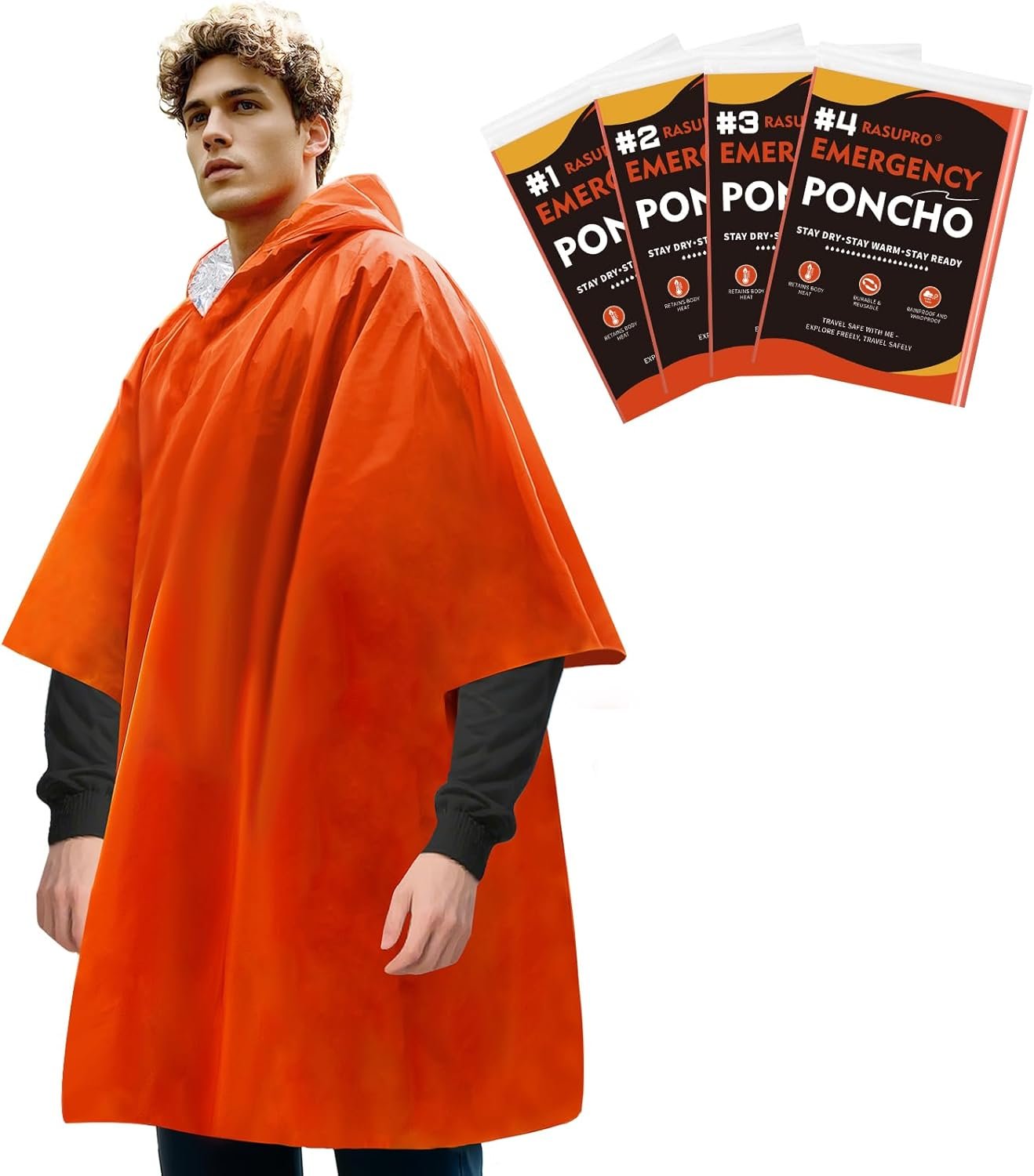 Rasupro 4 Pack Emergency Ponchos with Thickened Mylar Blanket Lining, Windproof, Waterproof, and Thermal Orange Survival Ponchos - Perfect for Outdoor Rescue, Family Camping Gear, Car Emergency Kits,