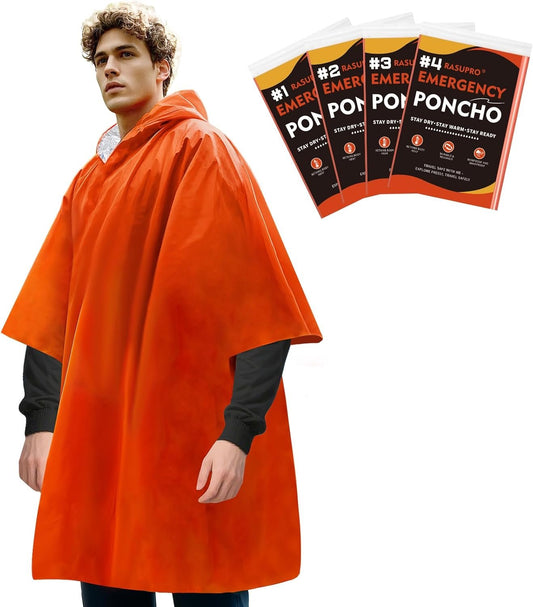 Rasupro 4 Pack Emergency Ponchos with Thickened Mylar Blanket Lining, Windproof, Waterproof, and Thermal Orange Survival Ponchos - Perfect for Outdoor Rescue, Family Camping Gear, Car Emergency Kits,