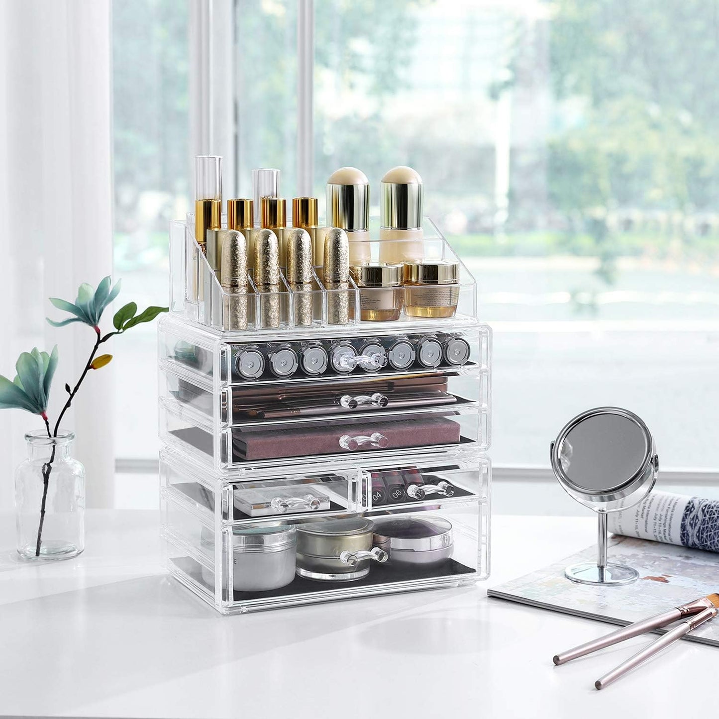 SONGMICS Organizer Trucchi con 6 Cassetti, Grande Organizzatore per Cosmetici in Acrilico, per Tavolozza, Pennello, Fondotinta, Rossetto, Smalto per Unghie, Forcine, Trasparente JKA009TP