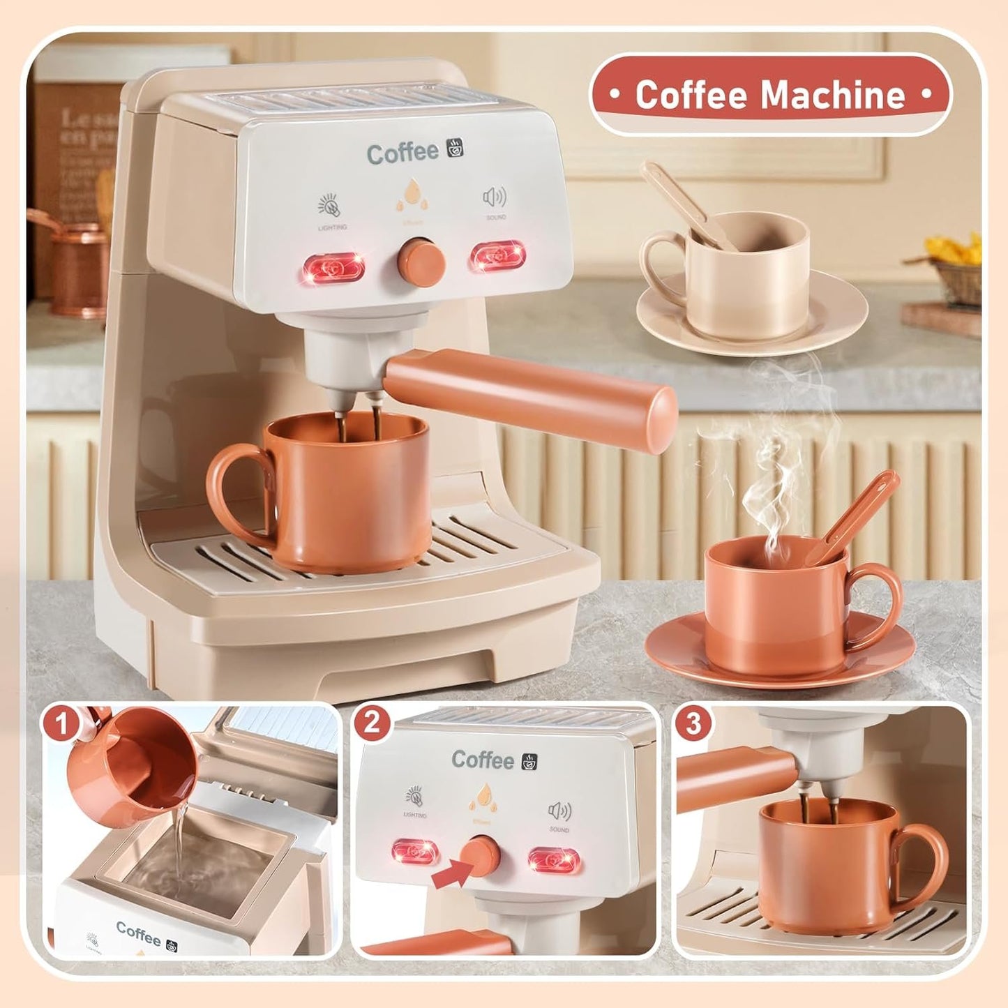 Kids Assorted Kitchen Appliance Play Toys Includes Coffee Maker ,Blender,Fruit Machine and Toaster ,Apron and Cups,with Realistic Lights& Sounds,Learning Gift for Toddlers Baby Girls Boys