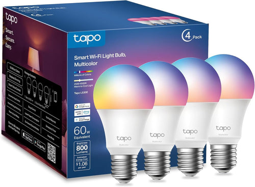 Tapo TP-Link Smart Light Bulbs, 16M Colors RGBW, Dimmable, Compatible with Alexa and Google Home, A19, 60W Equivalent, 800LM CRI>90, 2.4GHz WiFi only, No Hub Required, L530E(4-Pack)