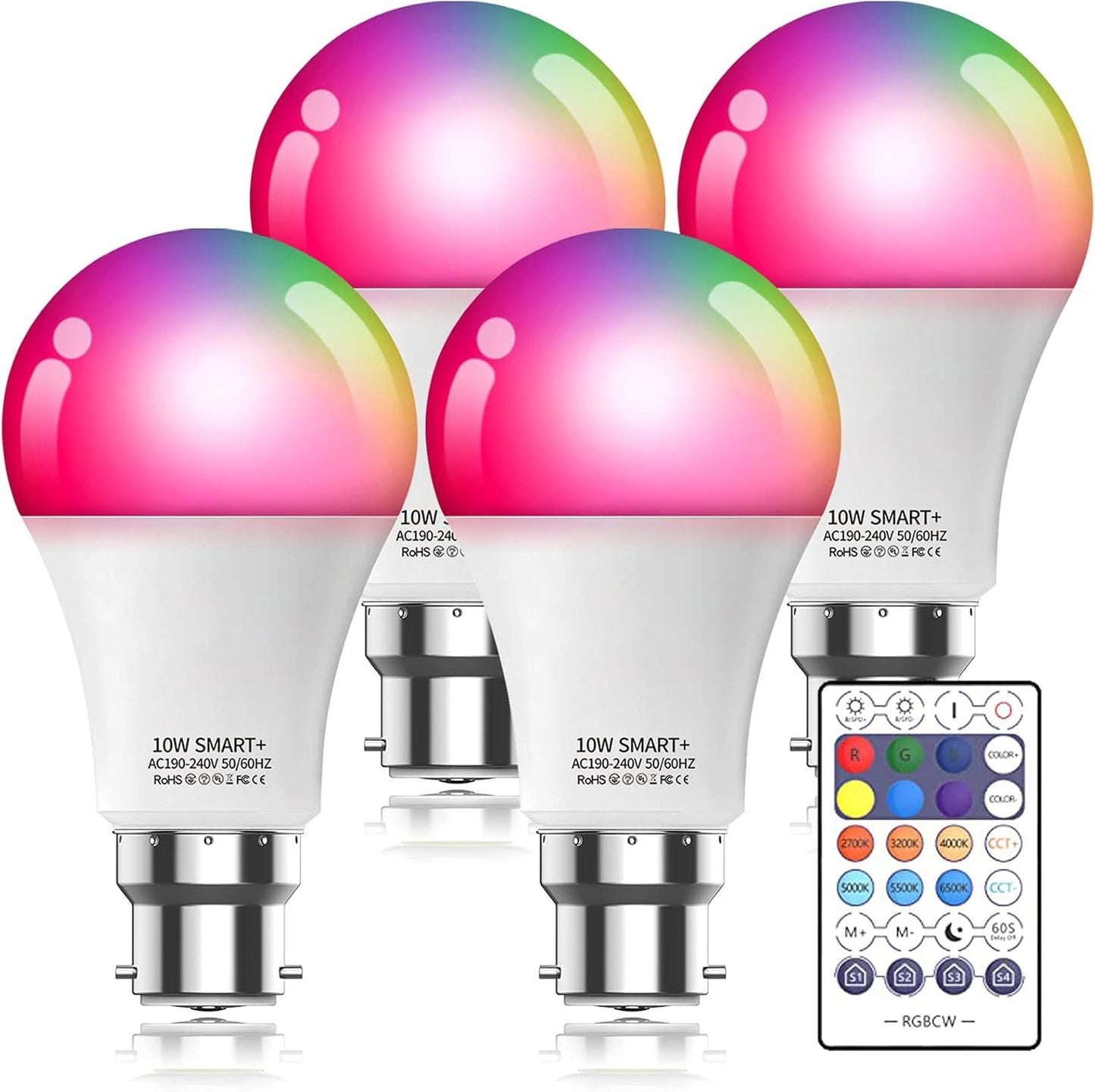 Vanance Smart Light Bulbs 4Pack with Remote, Compatible with Alexa Google Home, WiFi & Bluetooth Smart Home Lighting, Bayonet B22 A19 800LM Dimmable Warm Multicolor Changing Led Light Bulbs