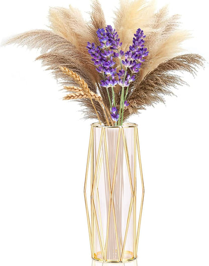 Decorative Indoor Glass Vase with Metallic Geometric Stand, Crystal Terrarium, Glass Vase for Hydroponic Plants and Flowers, Wedding Centerpieces and Interior Decoration