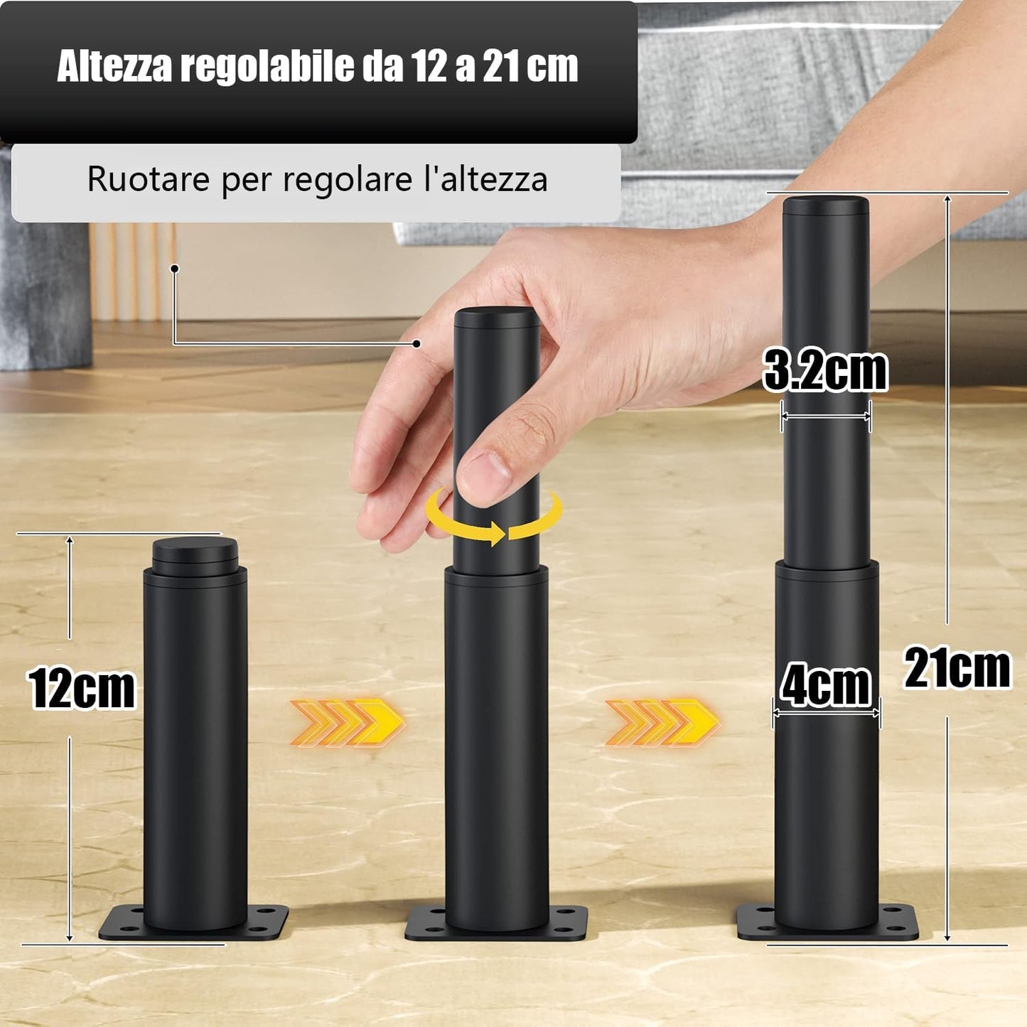 STOAT® Adjustable Furniture Feets.4 Pcs Adjustable 12-21cm Metal Furniture Feet for Cabinets, TV Cabinets, Sofas, Bedside Chairs, Adjustable Height 12-21cm