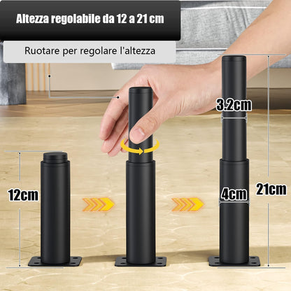 STOAT® Adjustable Furniture Feets.4 Pcs Adjustable 12-21cm Metal Furniture Feet for Cabinets, TV Cabinets, Sofas, Bedside Chairs, Adjustable Height 12-21cm