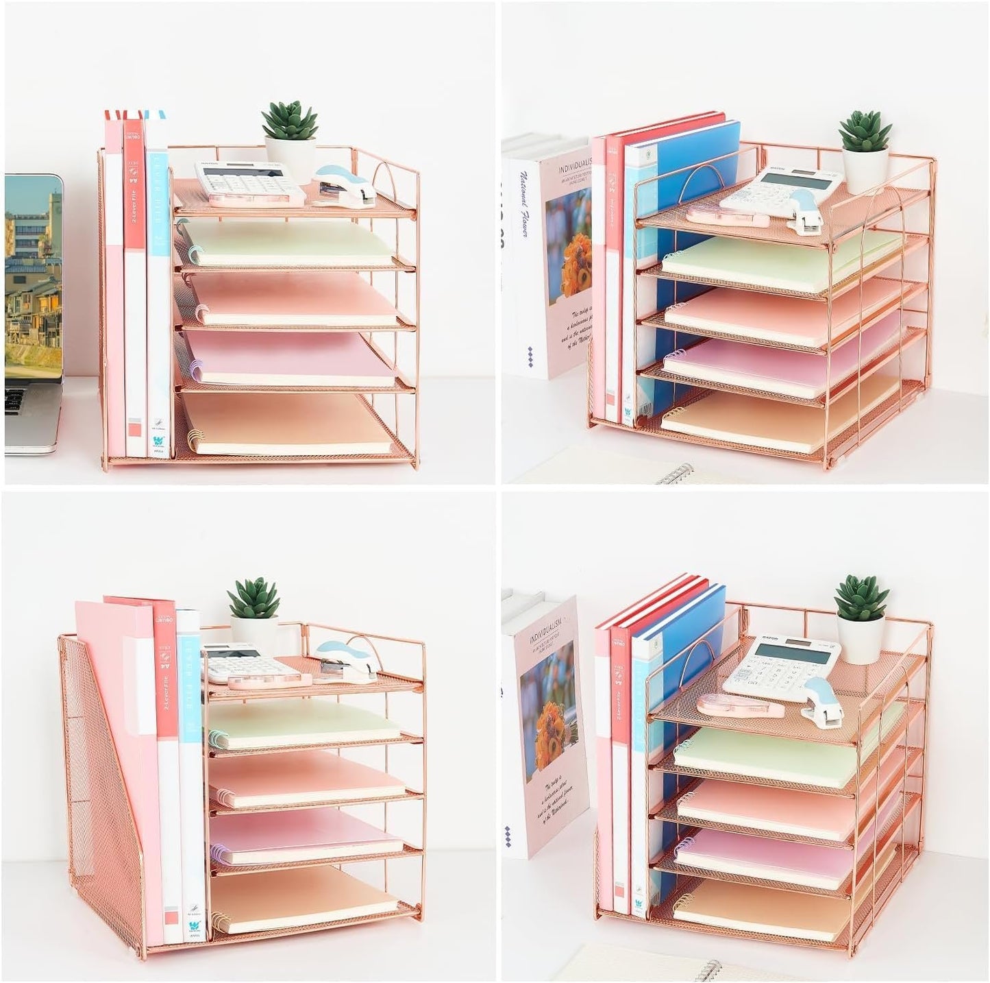 Gugsey Desk Organizer and Accessories, 5-Tier Paper Letter Tray with File Holder, Mesh Desktop File Organizers for School, Home, Office Supplies Organization and Storage (Rose Gold)
