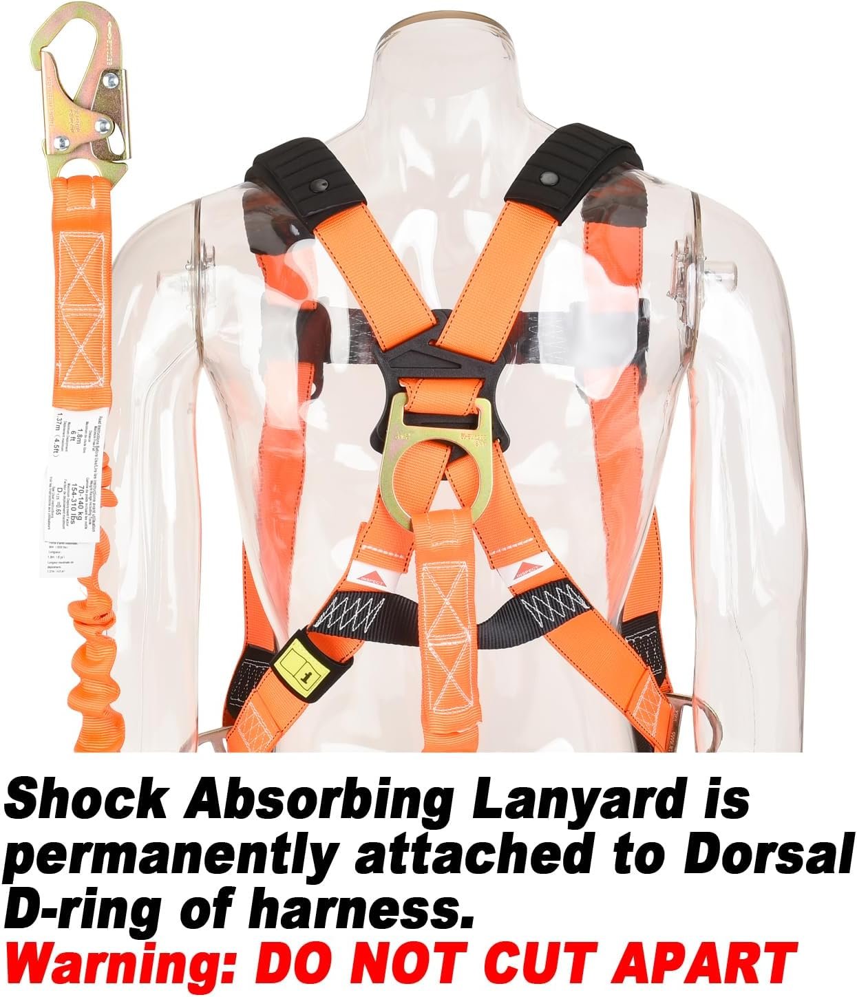 WELKFORDER 3D-Ring Fall Protection Safety Harness [3pt Adjustment＆Leg Tongue Buckles] with 6-Foot Internal Shock Absorbing Lanyard [Snap Hook End] | Permanent attached Kit | CSA Compliant