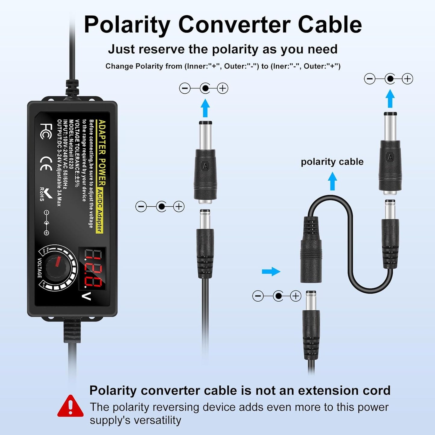 Carastek Adjustable Power Adapter 3V-24V 3A 72W with Digital Display Universal AC/DC 100V-240V AC to DC Adapter with 14 Tips and Polarity Converter for Home Electronics