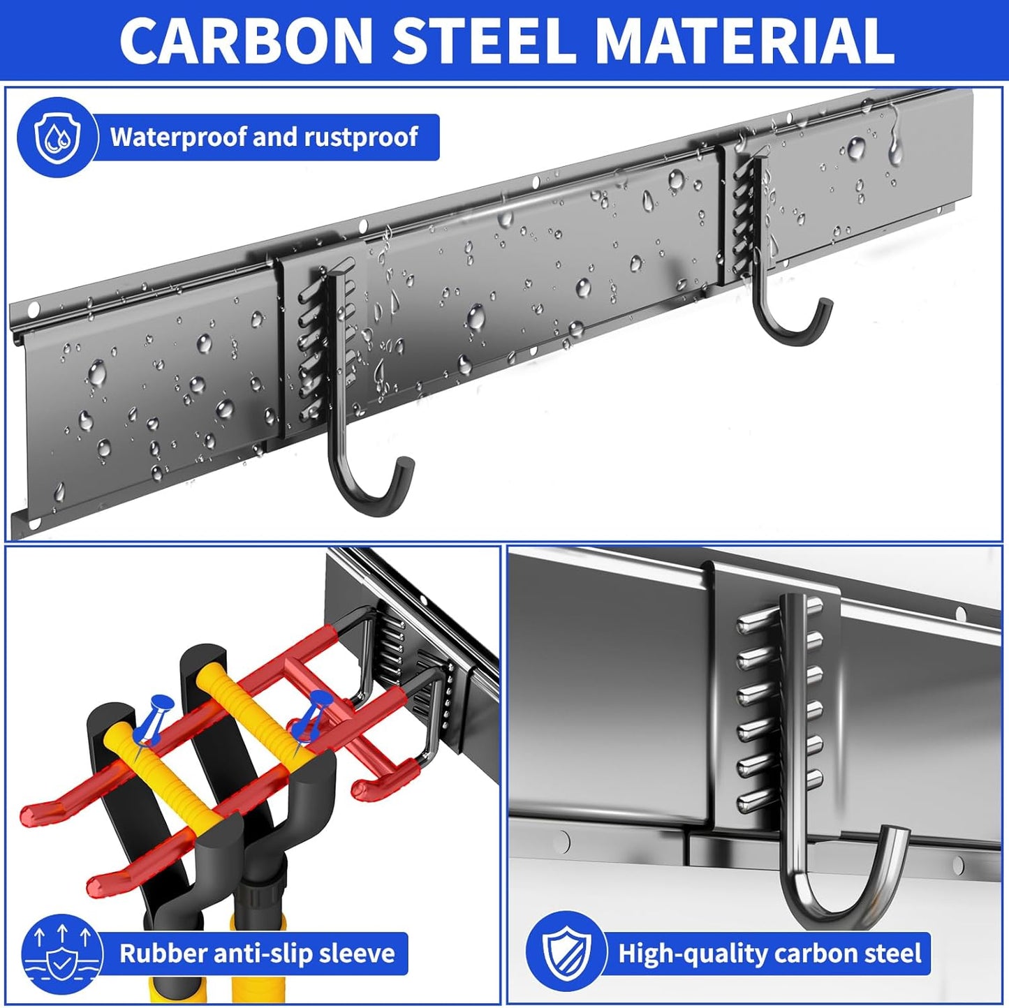 Garage Organization Tool Organizer Wall Mount, 32inch Heavy Duty Garden Tool Storage System, Easy Install With 6 Adjustable Hooks, For Home, Garage, Outdoor, Workshops (Black)