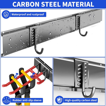 Garage Organization Tool Organizer Wall Mount, 32inch Heavy Duty Garden Tool Storage System, Easy Install With 6 Adjustable Hooks, For Home, Garage, Outdoor, Workshops (Black)