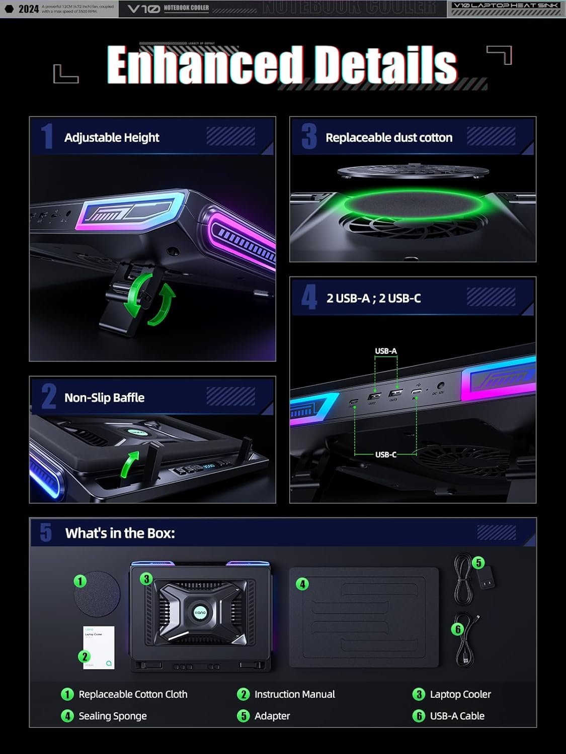 llano V10 Gaming Laptop Cooling Pad, RGB Laptop Cooler Stand with 4.72 Inch External Powerful Cooling Fan, Rapid Cooling Computer 13-17.3in, Action Button Control, 3 Adjustable Stand, 4-Port USB C&A