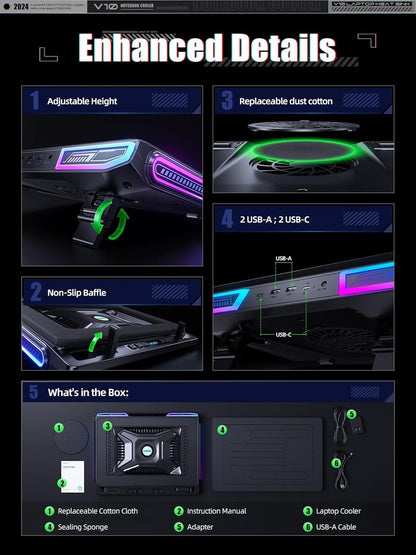 llano V10 Gaming Laptop Cooling Pad, RGB Laptop Cooler Stand with 4.72 Inch External Powerful Cooling Fan, Rapid Cooling Computer 13-17.3in, Action Button Control, 3 Adjustable Stand, 4-Port USB C&A
