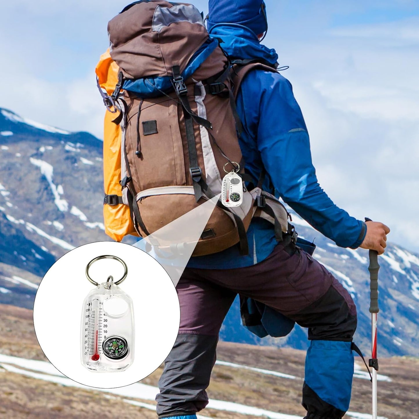 Compass Key Chain, Pocket Compass Thermometer, Survival with Clip, Lightweight Gear for Hiking and Backpacking, Outdoor Travel Use, 2.3x1.2x0.3 Inches Abs Build 1 Piece