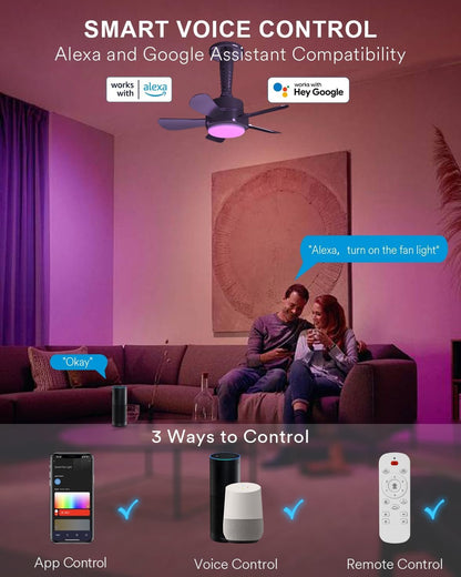 Smart Socket Fan Light, Wi-Fi Color Changing Light Socket Ceiling Fan with Lights and Remote, 6 Adjustable Fan Speed, LED Lights Socket Fans for Bedroom Bathroom Garage Kitchen, Black