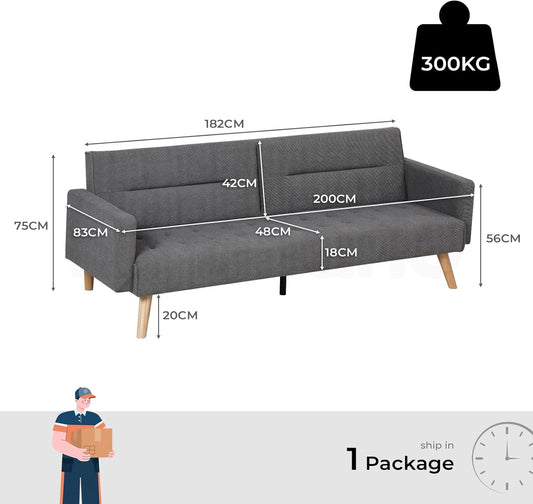Familand 3 Seater Convertible Futon Sofa Bed, Linen Loveseat Sofa Couch, Recliner Sofa Lounge with 3 Adjustable Backrest, Comfy Couch for Small Spaces, Living Room, Bedroom,Load Up to 300kg,Grey