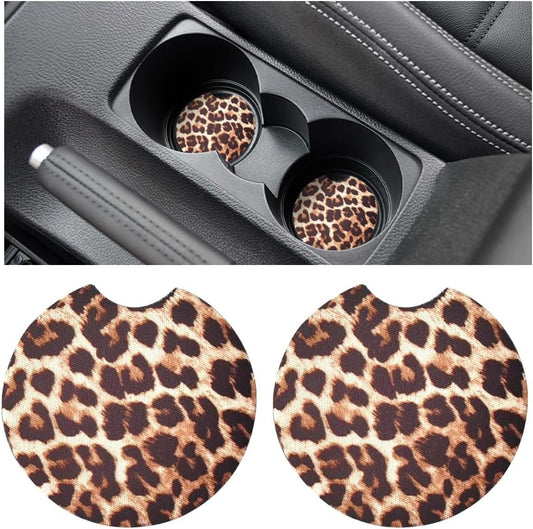 XINLIYA 2 Pack Car Coasters for Drinks Absorbent - 2.75 Inch Cute Car Cup Holder Coasters for Women, Removable Cup Holder Coaster for Car, Car Interior Accessories for Women & Girls (Yellow Leopard)