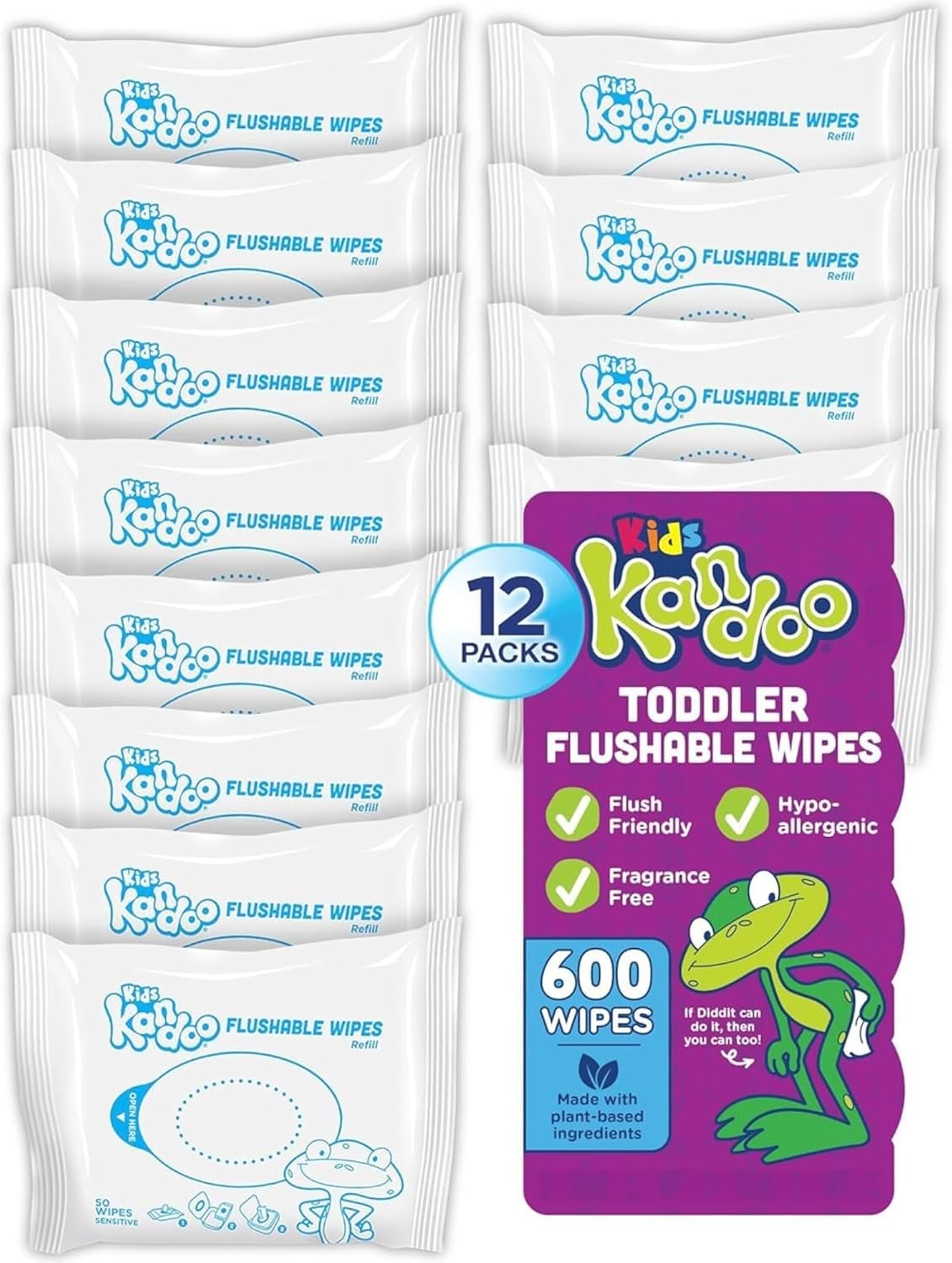 Kandoo Flushable Baby Wipes for Kids, Sensitive by , Hypoallergenic Potty Training Wet Cleansing Cloths Refills, Unscented, 50 Count per Pack, Pack of 12