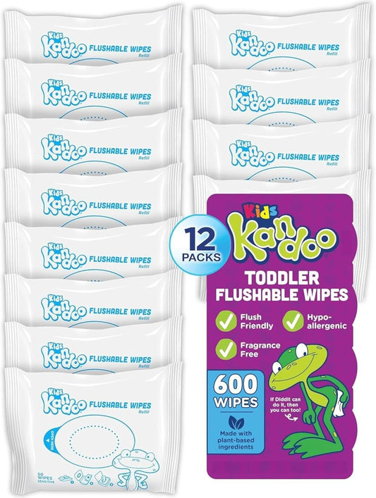 Kandoo Flushable Baby Wipes for Kids, Sensitive by , Hypoallergenic Potty Training Wet Cleansing Cloths Refills, Unscented, 50 Count per Pack, Pack of 12