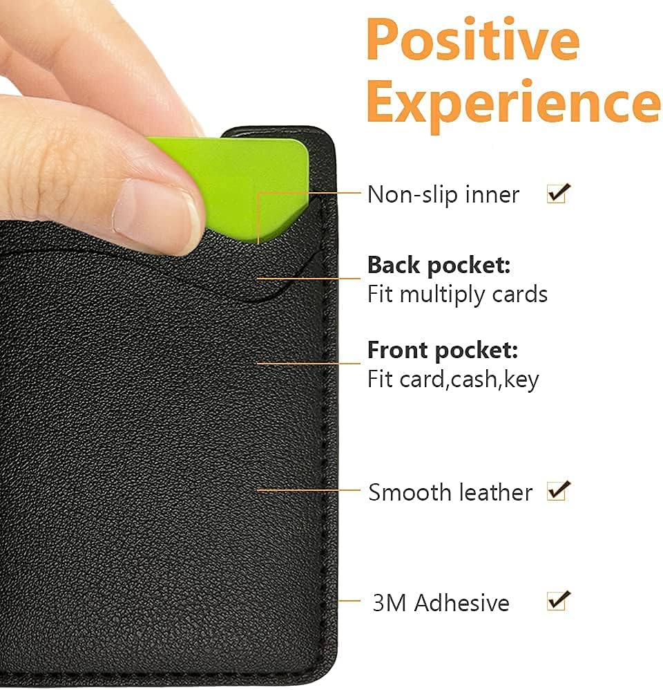 Phone Card Holder, Leather Phone Wallet Stick On, Stretchy Card Holder for Back of Phone Credit Card Holder for Phone Case Compatible with Most of Cell Phone, Black, Compact