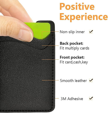 Phone Card Holder, Leather Phone Wallet Stick On, Stretchy Card Holder for Back of Phone Credit Card Holder for Phone Case Compatible with Most of Cell Phone, Black, Compact