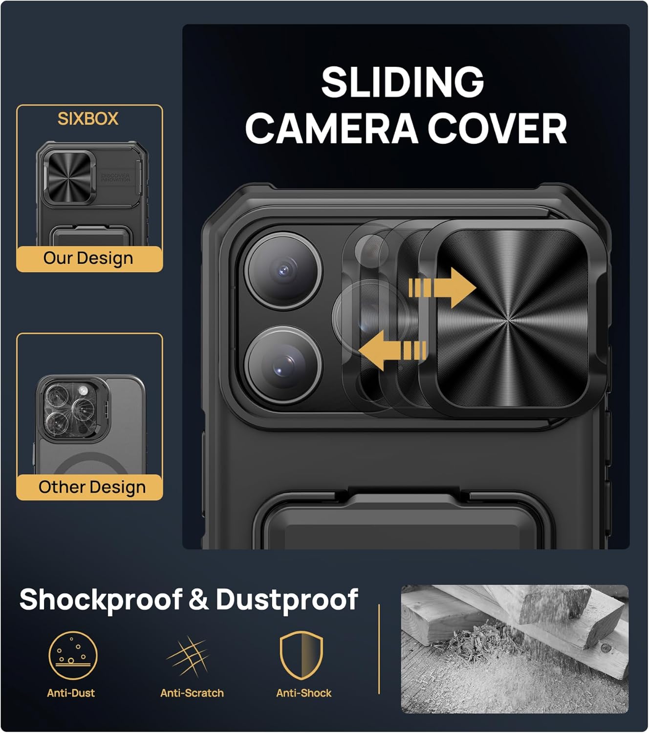 SIXBOX for iPhone 16 Pro Max Case with Card Holder & Kickstand & Slide Camera Lens Cover, Silicone Edge Protection Rugged Heavy Duty Phone Case Cover for iPhone 16 Pro Max 6.9'' 2024, Black