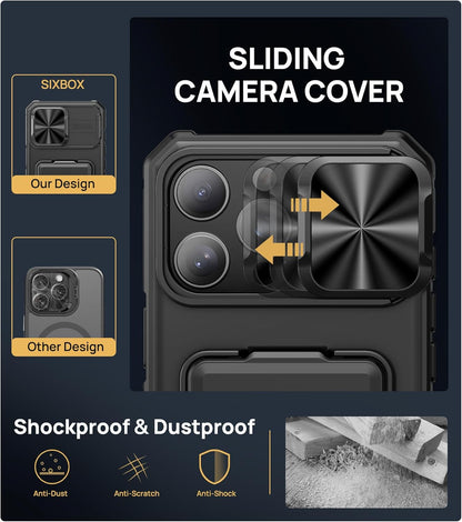 SIXBOX for iPhone 16 Pro Max Case with Card Holder & Kickstand & Slide Camera Lens Cover, Silicone Edge Protection Rugged Heavy Duty Phone Case Cover for iPhone 16 Pro Max 6.9'' 2024, Black