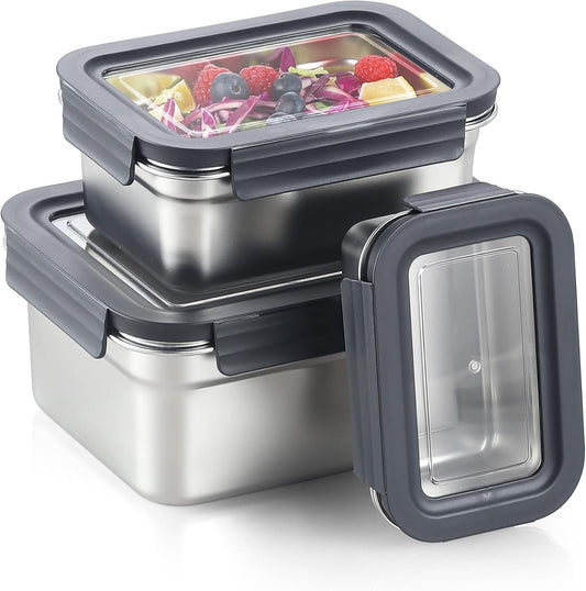 Misichao Stainless Steel Food Storage Containers with Lids - Stackable Meal Prep Food Containers for Kitchen & Pantry, Leakproof, Reusable Metal Bento Lunch Box (450ml+1100ml+2500ml)