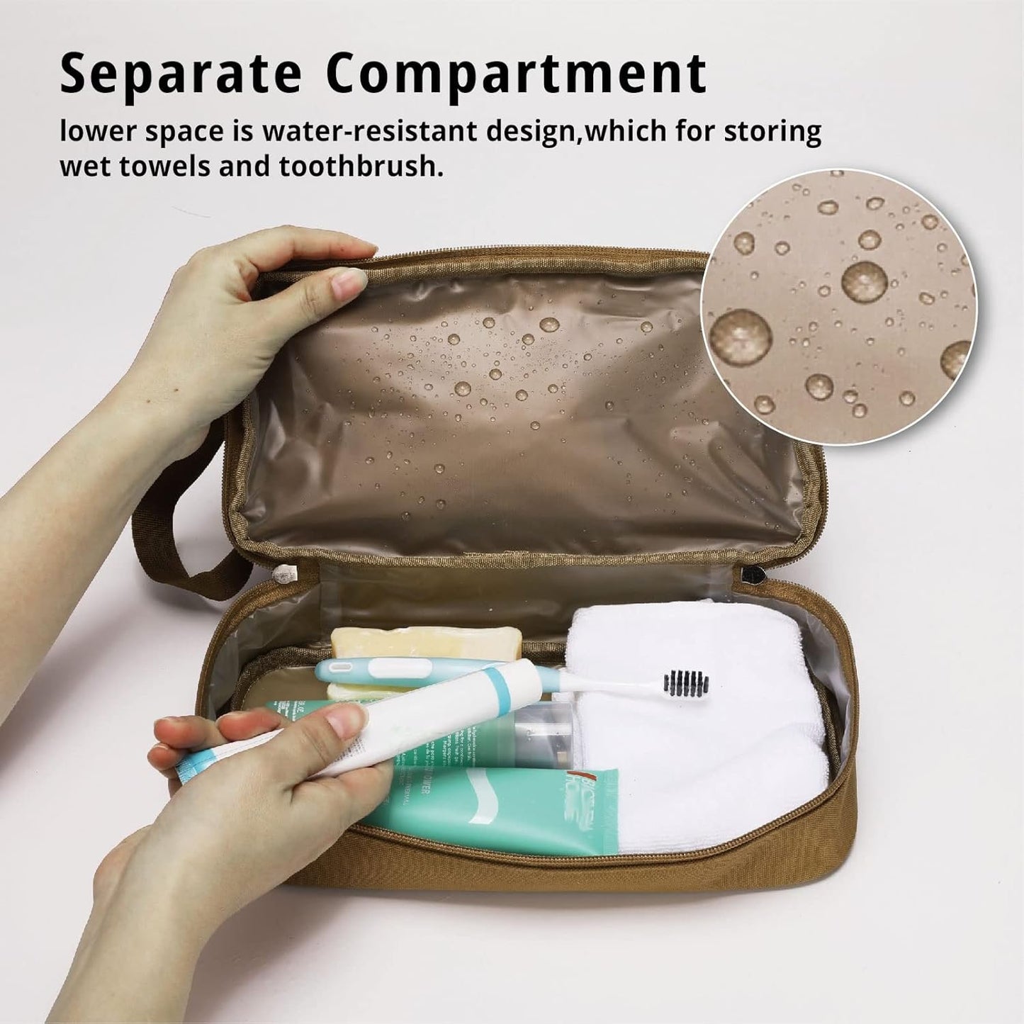 Toiletry Bag for Men, Tactical Travel Bag with Dry Wet Separate，Water-Resistant Hanging Dopp Kit for Women with Large Capacity, Shaving Bag for Travel,Sports Shower(Brown)
