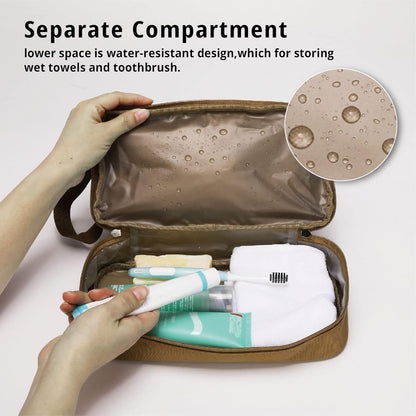 Toiletry Bag for Men, Tactical Travel Bag with Dry Wet Separate，Water-Resistant Hanging Dopp Kit for Women with Large Capacity, Shaving Bag for Travel,Sports Shower(Brown)
