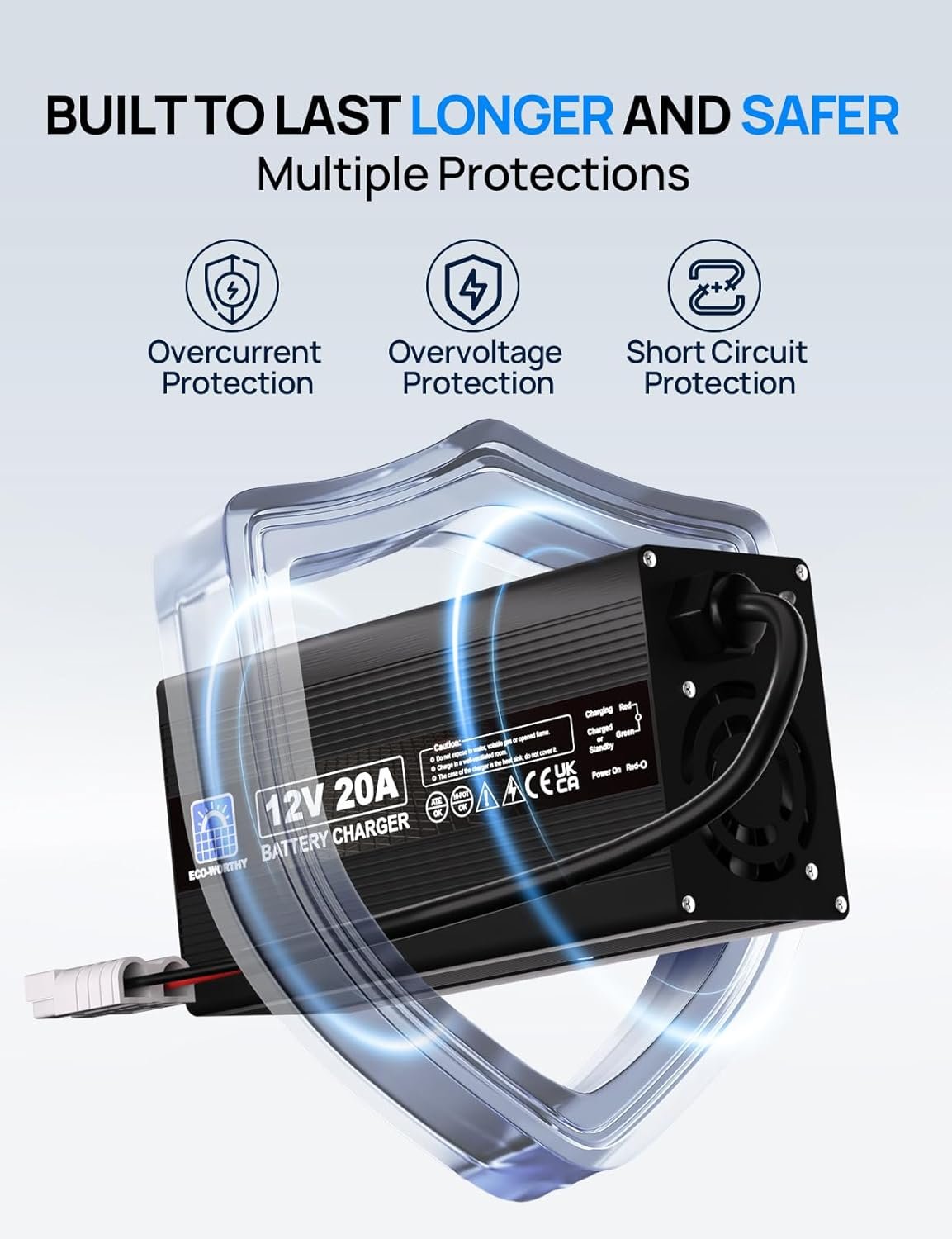 ECO-WORTHY 20A Battery Charger 12V Lithium LifePO4 Battery Charger 14.6V Automatic Smart & Maintenance for Deep Cycle Battery Boat RV