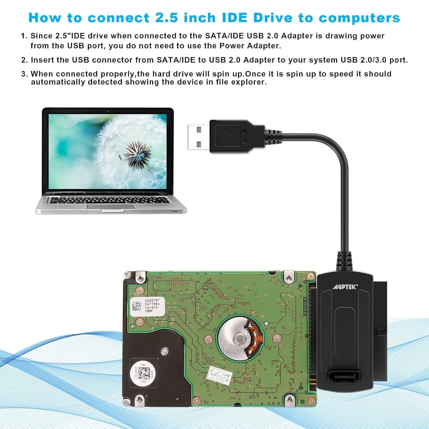 AGPtek SATA/PATA/IDE Drive to USB 2.0 Adapter Converter Cable for Hard Drive Disk HDD 2.5" 3.5", Compatible with USB 1.1/2.0/3.0, with External AC Power Adapter Included
