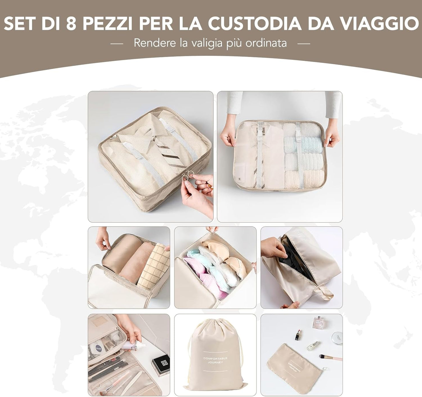 8 Piece Set Suitcase Organizer, 8 in 1 Travel Organizer, Suitcase Organizer, Space Saver, Travel Cube System for Clothes, Shoes, Cosmetics (Beige)