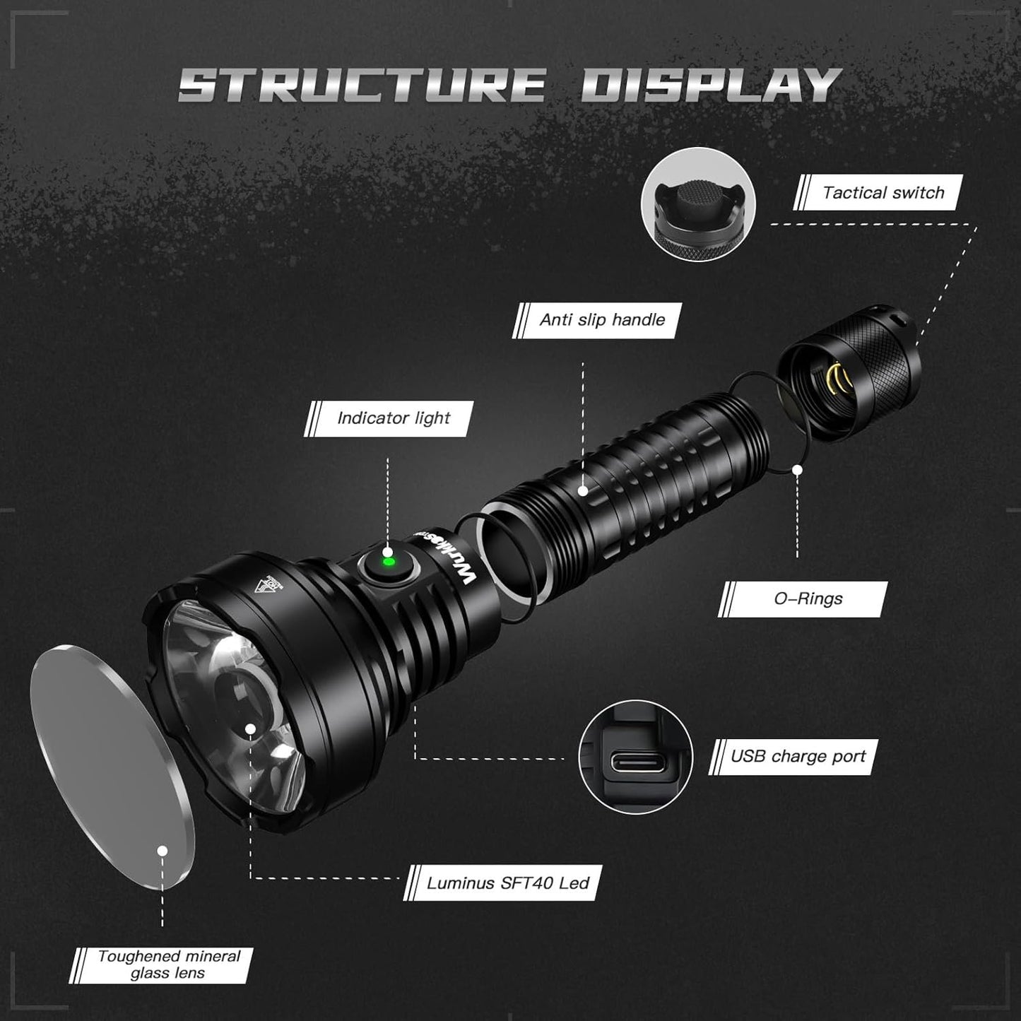 Wurkkos Tactical Flashlight High Lumens TD01 Rechargeable Torch 2000 Lumen, Max 1039 Meters Beam Distance Led Torch, Powerful IP68 Waterproof Flashlight for Camping Hiking(6000K)