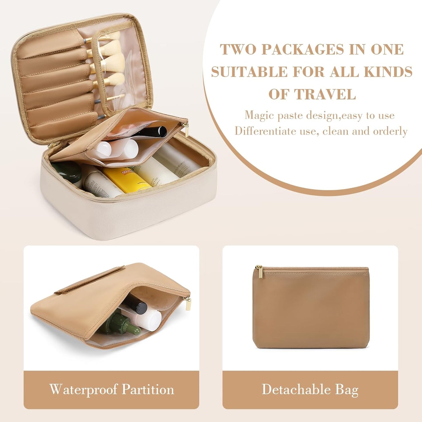 Makeup Bag, Small Travel Makeup Cosmetic Bag for Women, Portable Make up Brushes Holder Bag, Toiletry Bag, Compact Cosmetic Case Organizer, Beige