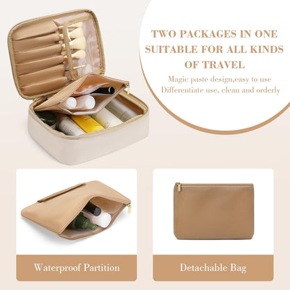Makeup Bag, Small Travel Makeup Cosmetic Bag for Women, Portable Make up Brushes Holder Bag, Toiletry Bag, Compact Cosmetic Case Organizer, Beige