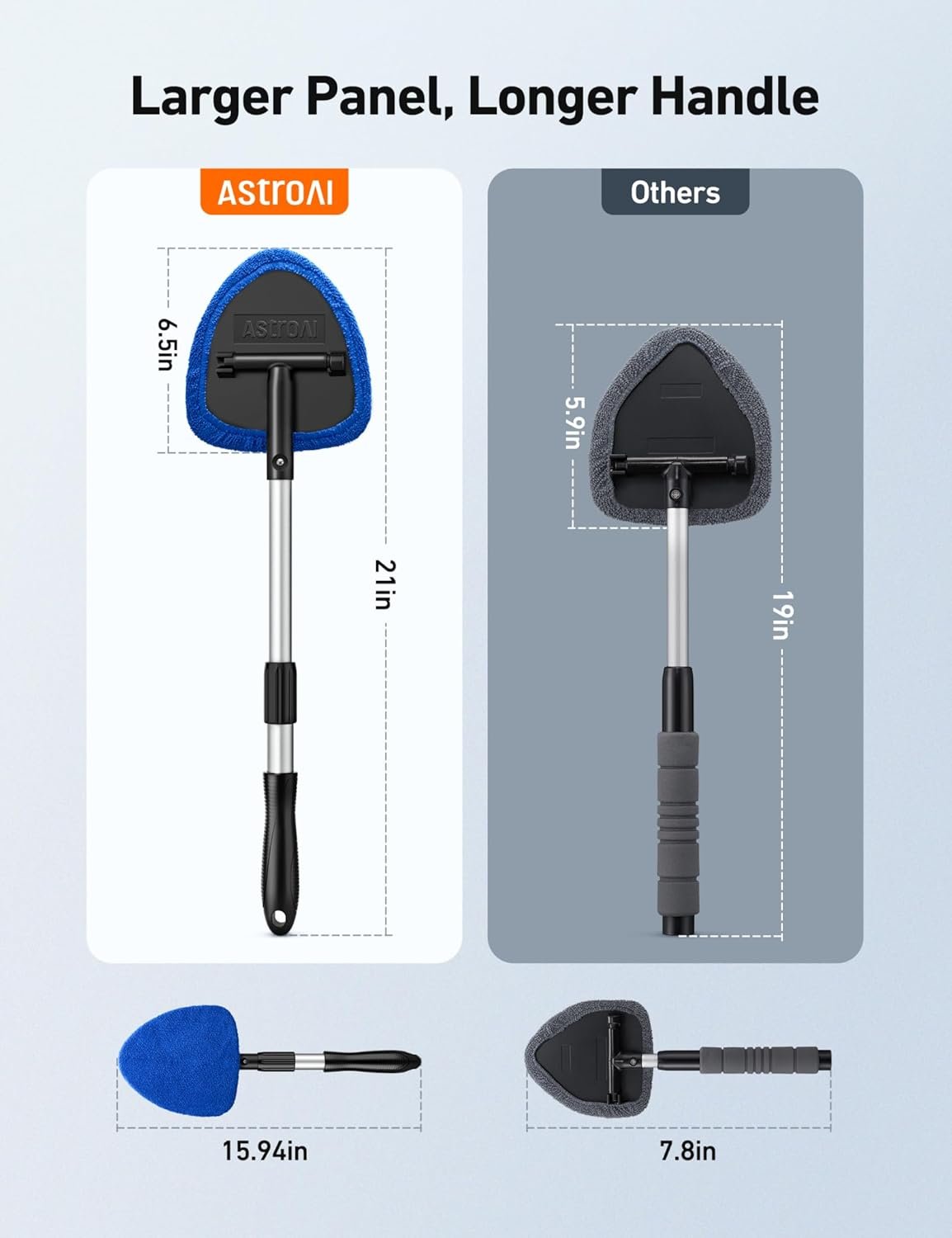 AstroAI Windshield Cleaner Tool, Car Interior Detailing Cleaning Kit with Extendable Handle and 4 Reusable Microfiber Pads, Auto Glass Wiper Brush Kit for Cars, Blue，15.9in-21in