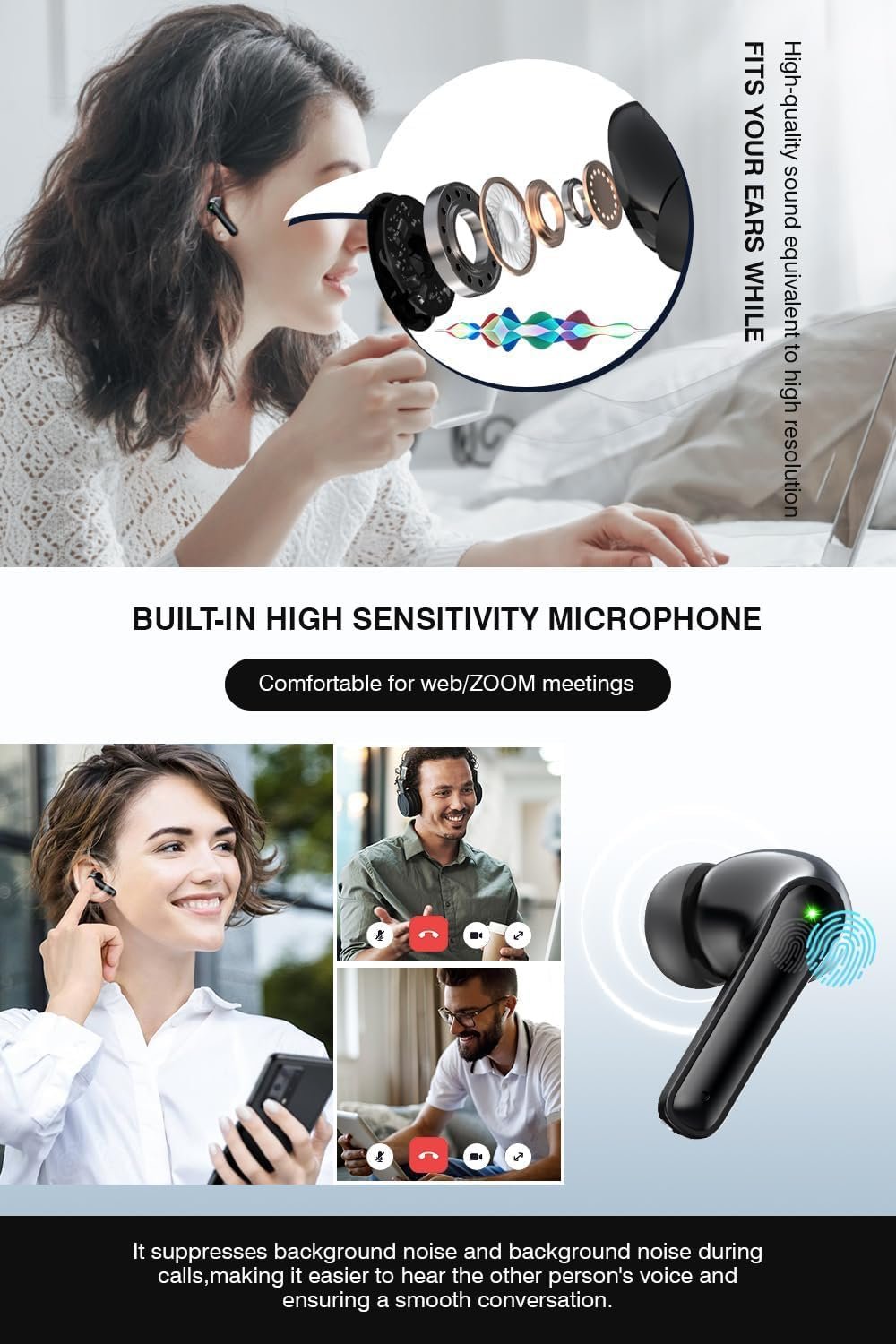 Wireless Earbuds, Bluetooth 5.3 Headphones with HiFi Stereo Sound, 48H Playtime with LED Power Display Charging Case, IP6 Waterproof in-Ear Earphone with Mic for Sport