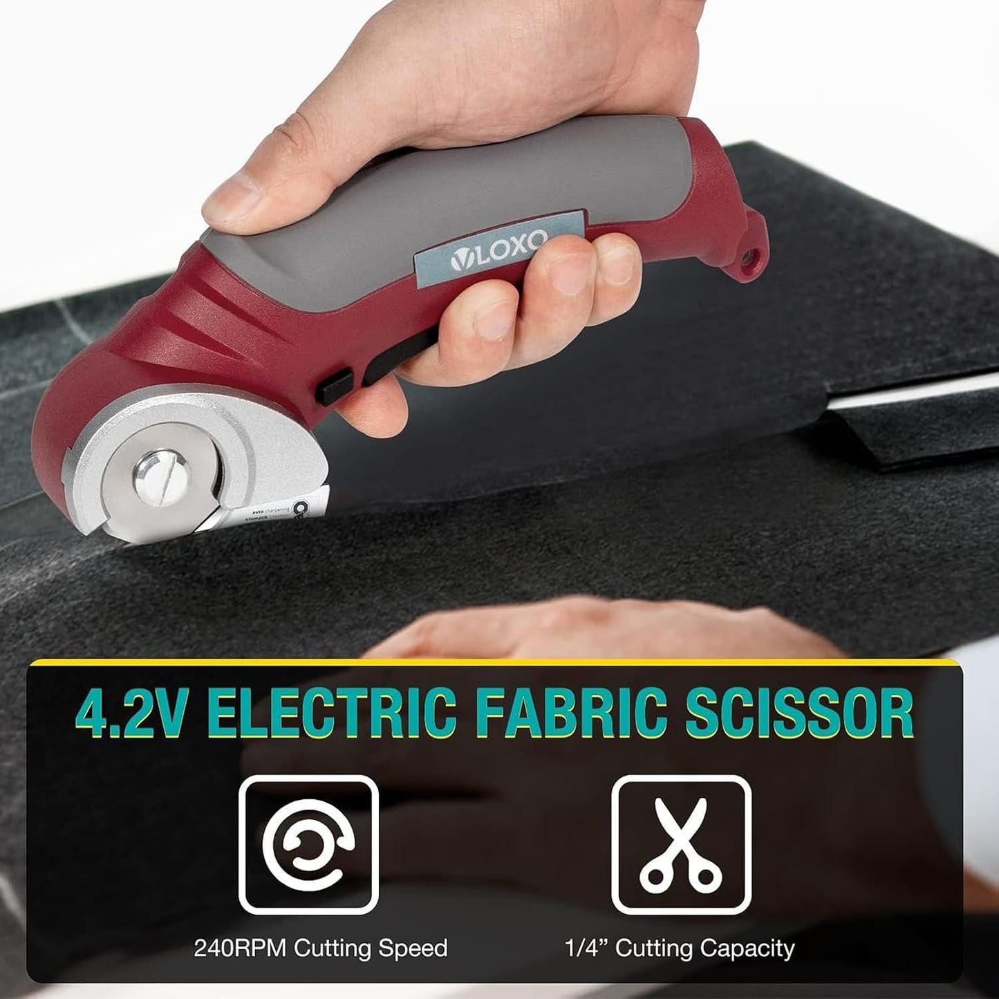 VLOXO Cordless Electric Scissors, AT001 Rotary Cutter for Fabric, Cardboard Cutter 4.2V Muti-Cutting Tools with Safety Lock, Rechargeable Powerful Fabric Cutter for Carpet Leather with Storage Box