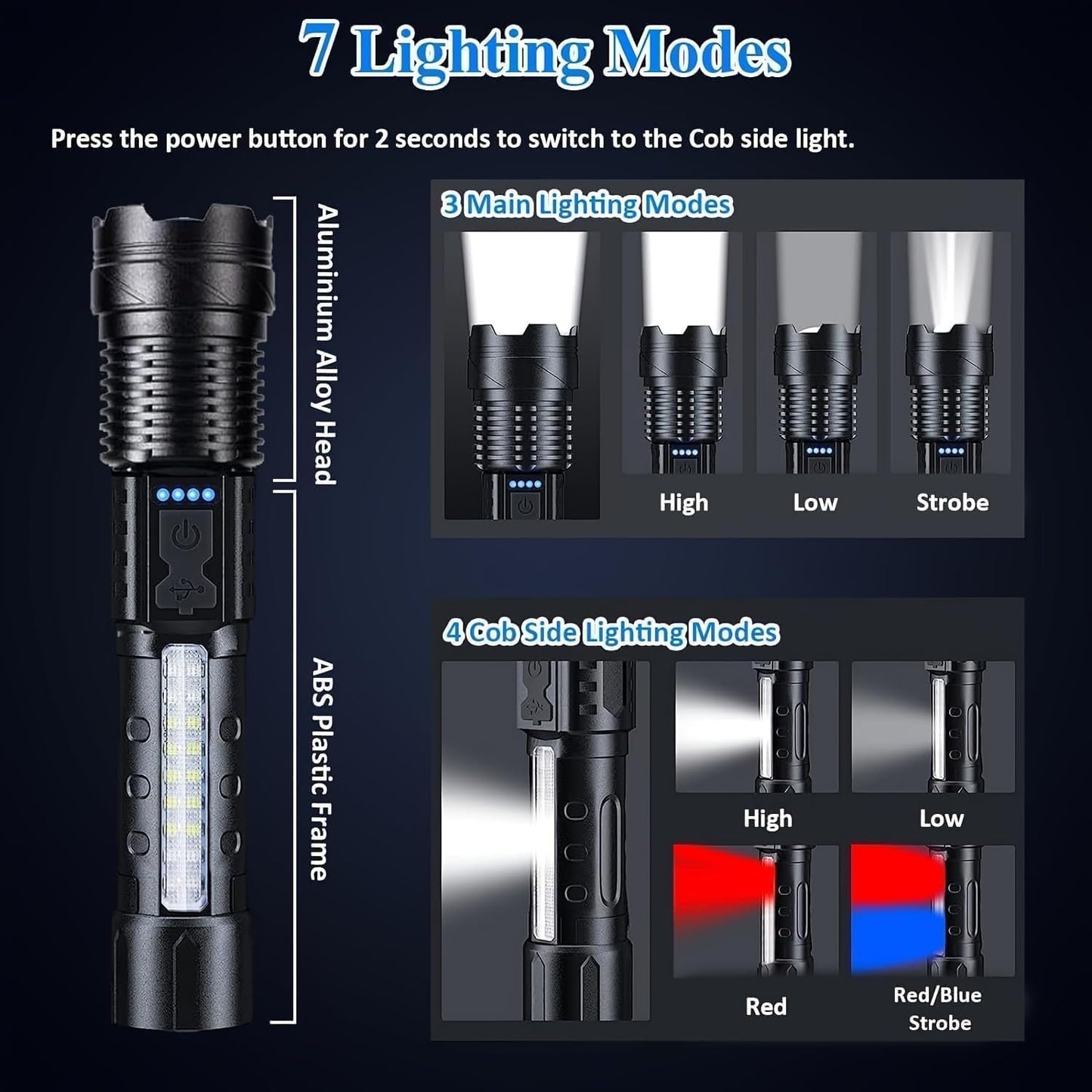 Economicalk Flashlight,A70 Tactical Flashlight,2024 New Upgraded A70 Tactical LED Flashlight,High Lumen Flashlight for Home Power Outage,Waterproof Rechargeable Flashlight with 7 Lighting Modes (2pc)