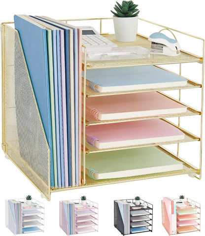 LEKETREE Desk Organizers and Accessories, 5-Tier Paper Letter Tray Organizer with File Holder, Desktop Organizer for Office Supplies, Office Desk Accessories & Workspace (Gold)