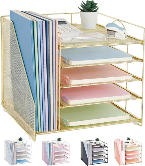 LEKETREE Desk Organizers and Accessories, 5-Tier Paper Letter Tray Organizer with File Holder, Desktop Organizer for Office Supplies, Office Desk Accessories & Workspace (Gold)