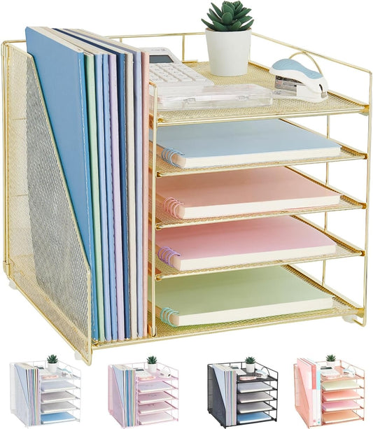 LEKETREE Desk Organizers and Accessories, 5-Tier Paper Letter Tray Organizer with File Holder, Desktop Organizer for Office Supplies, Office Desk Accessories & Workspace (Gold)