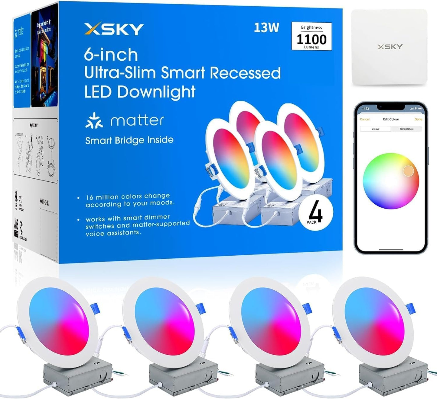 Xsky Smart Recessed Lighting 6 inch 4 Pack, Matter Bridge Include, Matter Light, Zigbee 3.0 RGBCW Color Changing, 13W 1100LM Smart Downlight, Compatible with Alexa/Google Assistant/Siri