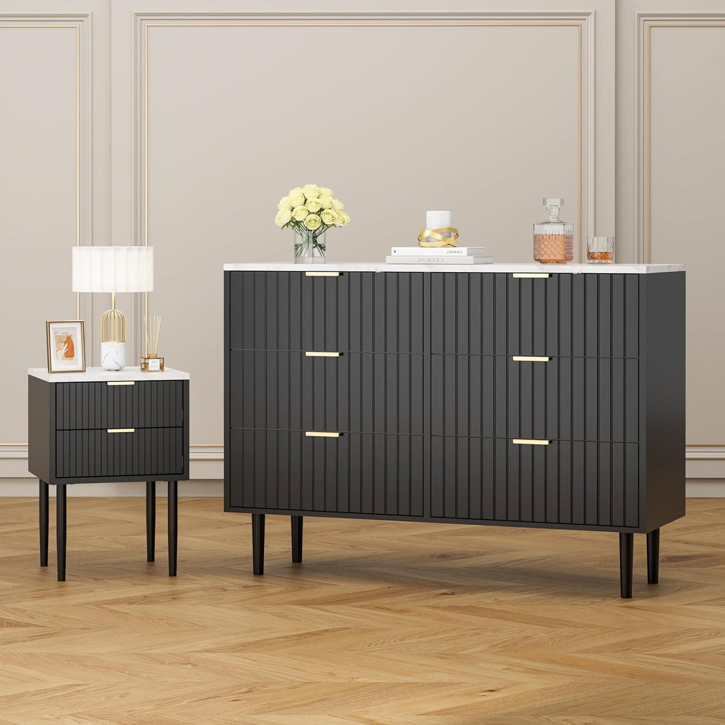 UEV 3 Piece Bedroom Furniture Set with 6 Drawers and Set of 2 Bedside Tables Marble Ceiling Storage Unit for Living Room Bedroom Scandinavian Black (Marble Surface)