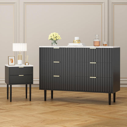 UEV 3 Piece Bedroom Furniture Set with 6 Drawers and Set of 2 Bedside Tables Marble Ceiling Storage Unit for Living Room Bedroom Scandinavian Black (Marble Surface)