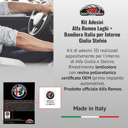 4R Quattroerre.it, Kit of 3D Emblem Stickers Ideal for Alfa Romeo Stelvio and Giulia Interior, OEM Certificated, 2 Tricolour Stickers and 3 Logo Stickers, Official Product